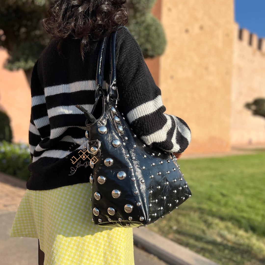 Black Polka Dot Studded Leather Tote Bag, Studded Leather Handbag