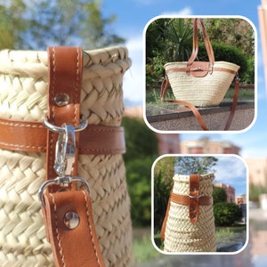 handmade large straw french baskets with leather straps, straw basket bag with leather handles, woven palm leaves basket with black handle image 5