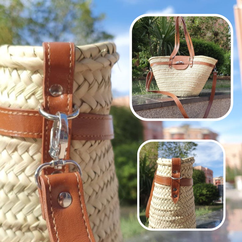 handmade large straw french baskets with leather straps, straw basket bag with leather handles, woven palm leaves basket with black handle image 5