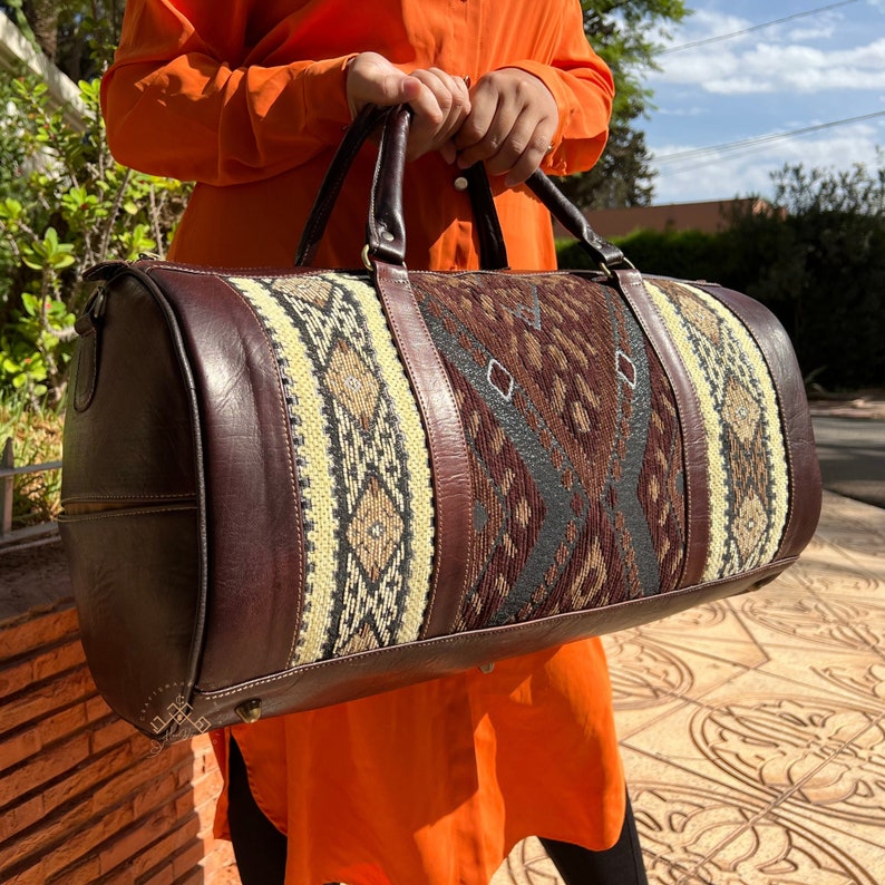 Moroccan kilm Travel Bag, Carpet Leather Duffel Bag, western duffel bag, Handmade Travel weekend bag, Overnight rug Bag, gift for her image 2