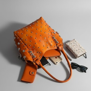 Personalized Studded Leather Shoulder Bag, Polka Dot Tote bags, Handmade Handbags with Rivet, Luxurious Leather Studded bags image 15