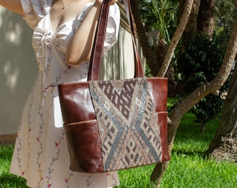 Personalized Leather Tote Bag, Moroccan Carpet Shoulder Bag, Handmade Leather Handbag, Large Work Tote, Gift for Women