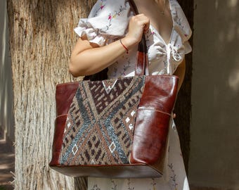 Personalized Leather Tote Bag, Moroccan Carpet Purse, Handmade Shoulder Bag, Women's Leather Shopper, Everyday Work Bag, Gift for Her