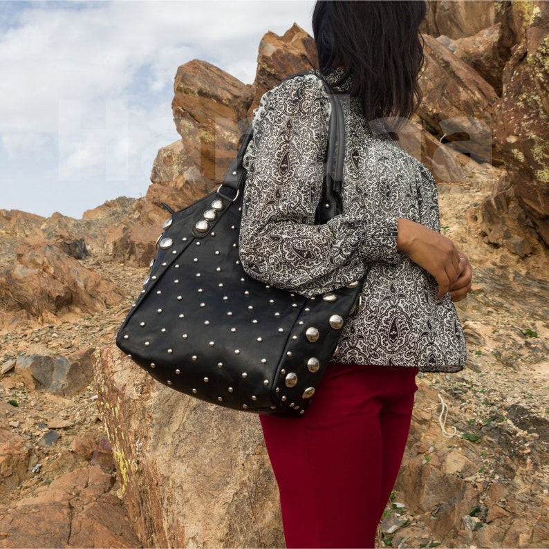 Polka dot Studded leather tote bag, polka dot leather shoulder bag, black silver studded bag, Studded leather handbag, luxurious tote bag. image 10