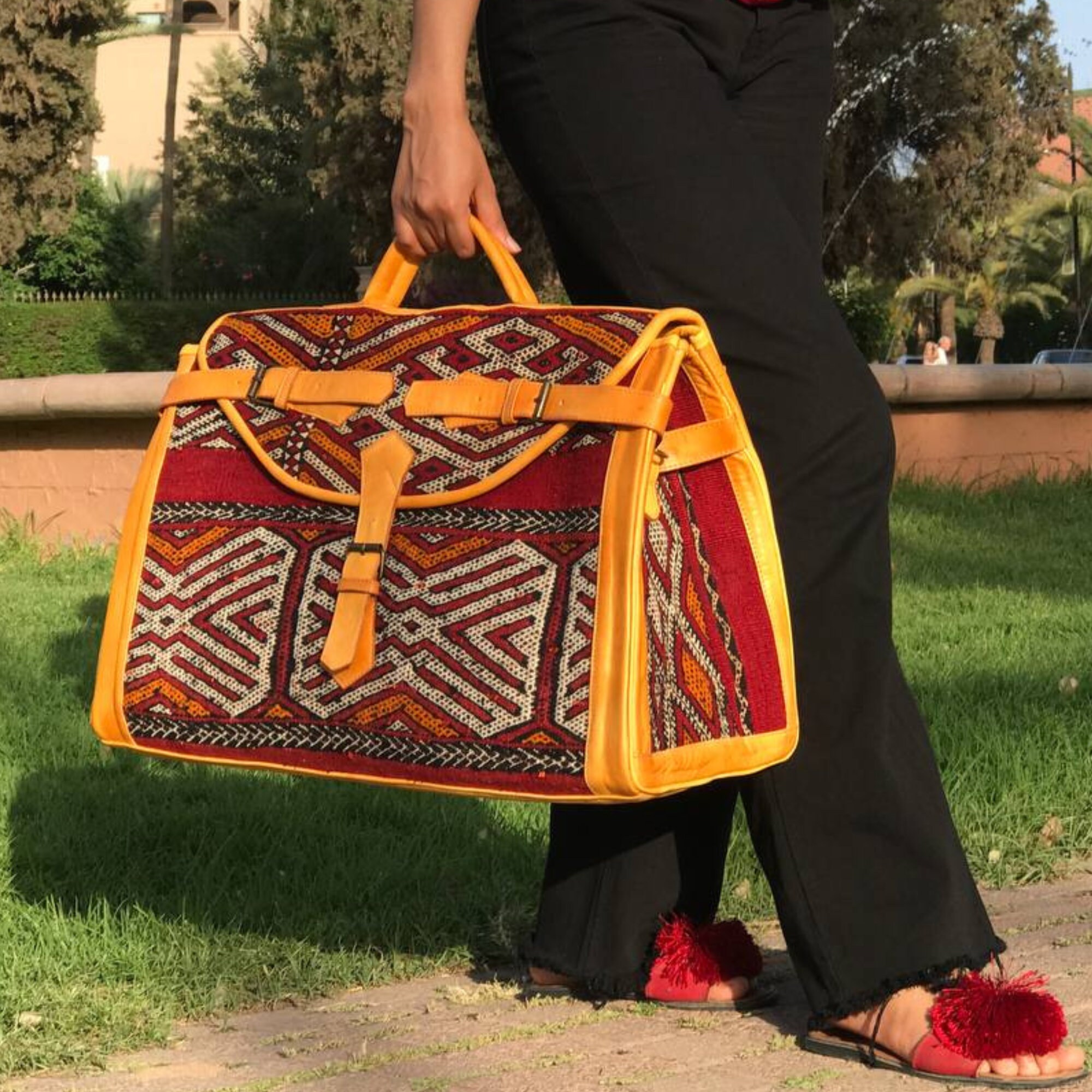 Large Kilim Travel Bag, Carpet Leather Weekend Bag 