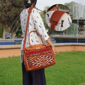 moroccan vintage style red kilim tote bag, women leather handbag, kilim travel handbag, kilim design red tote bag carpet shoulder bag image 6