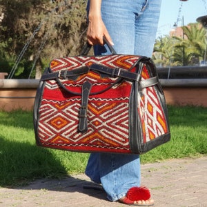 Large kilim travel bag, Moroccan Carpet Leather Weekend Bag, Vintage Carpet bag, briefcase kilim duffel bag, boho carpet bag, rug duffel bag Black
