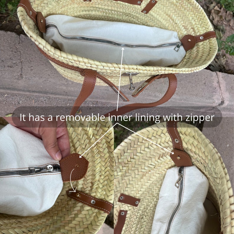 handmade large straw french baskets with leather straps, straw basket bag with leather handles, woven palm leaves basket with black handle image 4