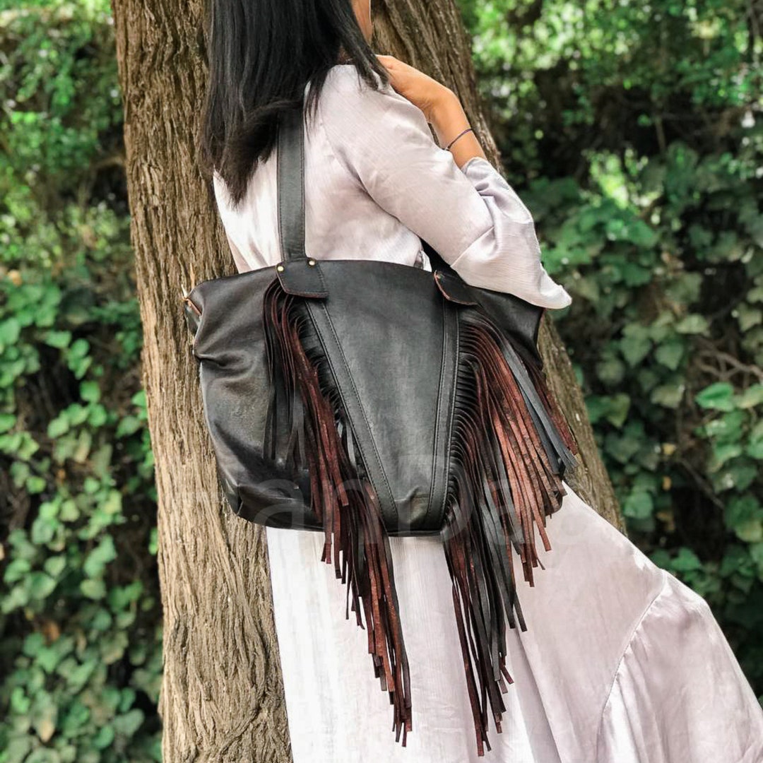 Brown Leather Fringe Shoulder Bag Large Leather Shoulder Bag Etsy