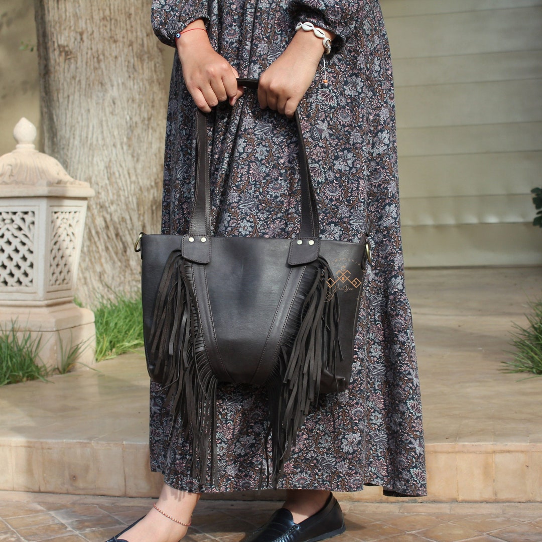 Brown Leather Fringe Shoulder Bag, Large Leather Shoulder Bag With