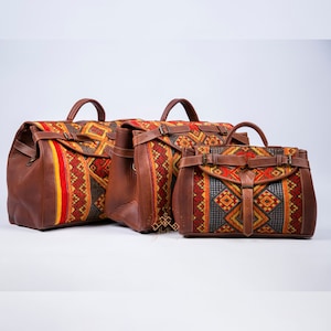 Personalisierte Kelim Reisetasche, Teppich Leder Wochenendtasche, Aktentasche Kelim Reisetasche, Boho Teppichtasche, Teppich Reisetasche, Geschenk für Sie