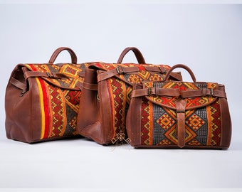 Personalized kilim travel bag, Carpet Leather Weekend Bag, briefcase kilim duffel bag, boho carpet bag, rug duffel bags, Gift for Her