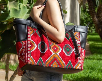 Bolso tote de cuero, bolso de hombro marroquí personalizado, bolso tote de alfombra hecho a mano, bolso de mano de cuero genuino, bolso de trabajo para el día a día, regalo para ella.