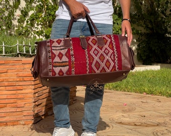 Large kilim weekender duffel bag for women & men, Kilim Weekender Bag, Boho leather Weekend Bag, kilim leather travel bag, Kilim Travel Bag