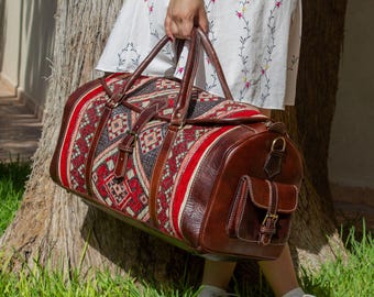 Personalized Leather Duffel Bag, Moroccan Carpet Weekender Bag, Handmade Carry On Bag, Kilim Overnight Bag, Gift for Women & Men,