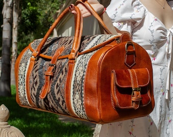 Brown Leather Duffel Bag, Moroccan Carpet Weekender Bag, Handmade Travel Bag, Carry On Overnight Bag for Women & Men