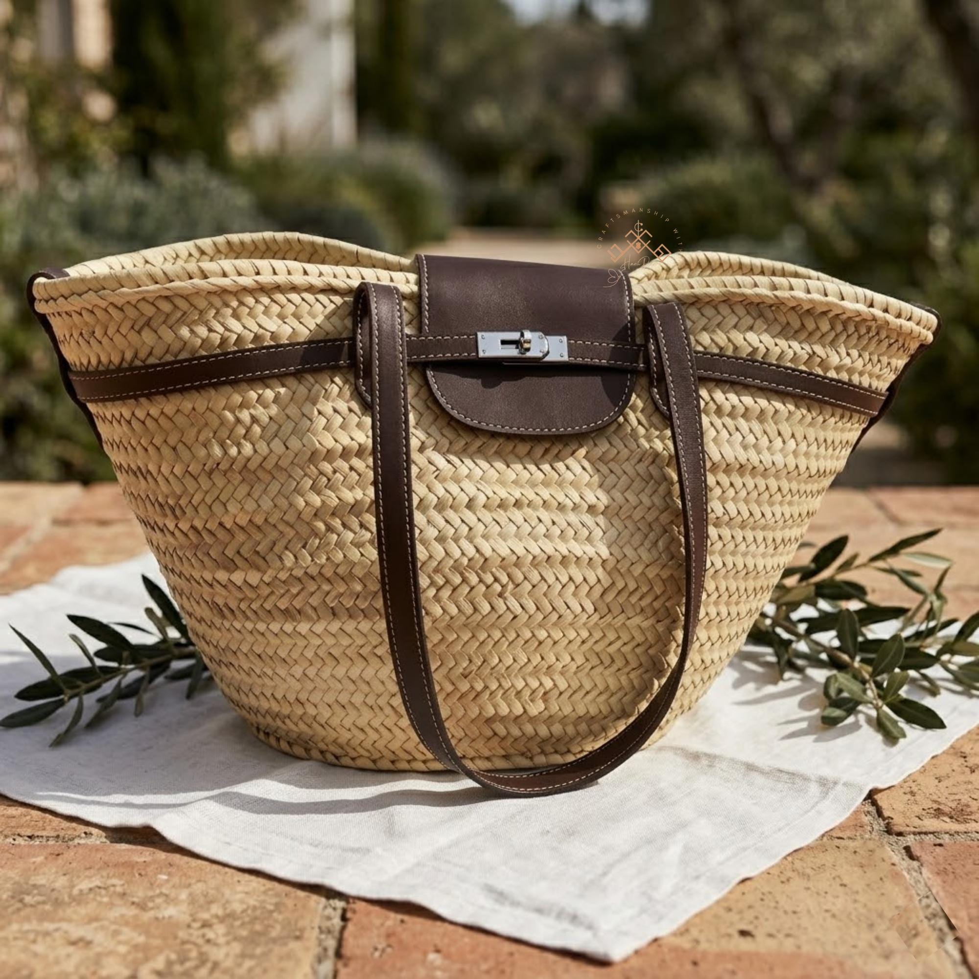 Handmade Large Straw French Baskets With Leather Straps, Straw
