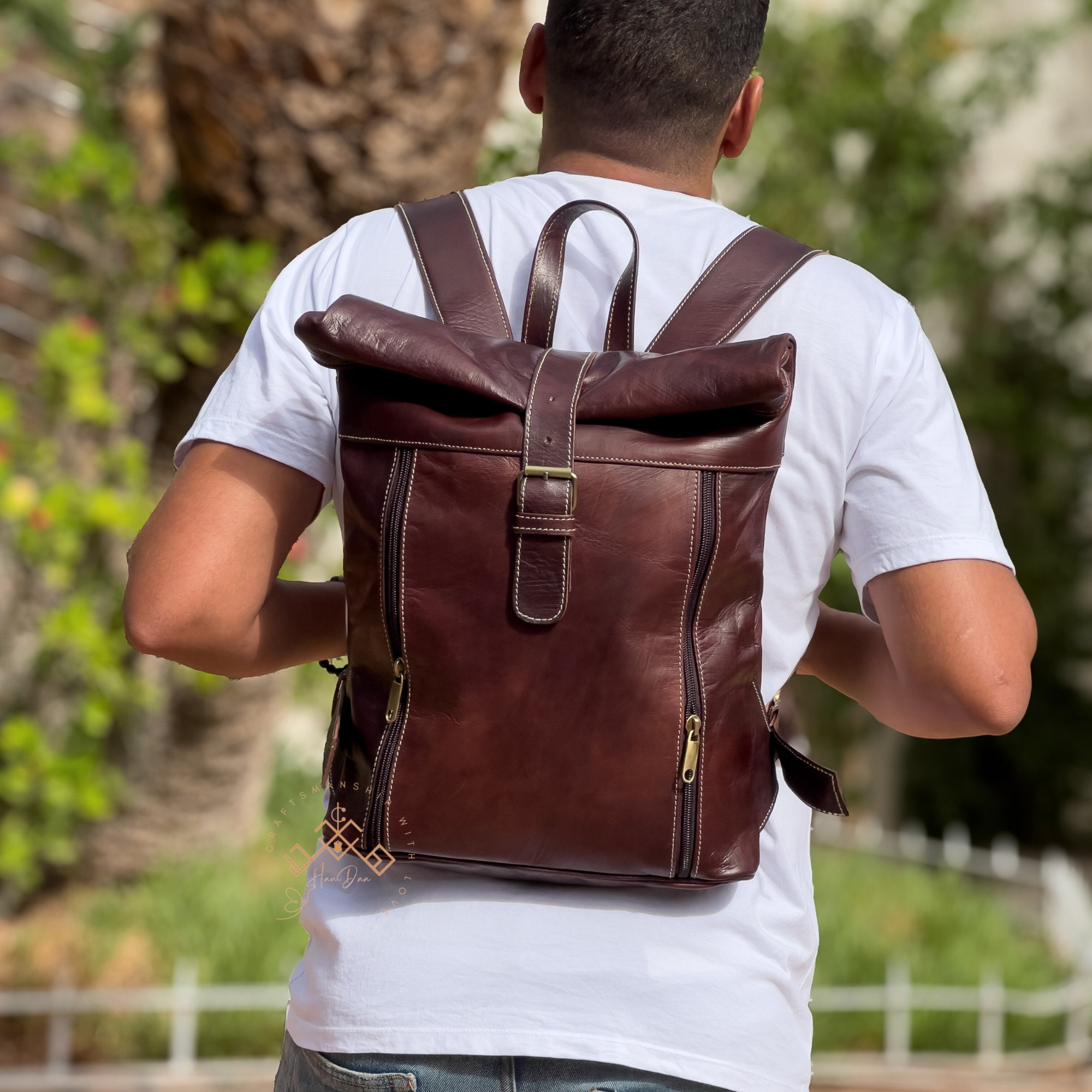Moroccan Handmade Leather Roll Top Backpack, Roll Top  display picture 3