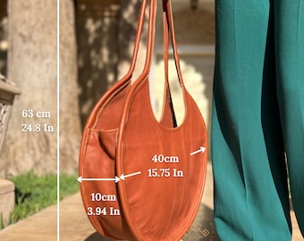Personalized Soft Large Round Leather Shoulder Bag, Circle Handbag