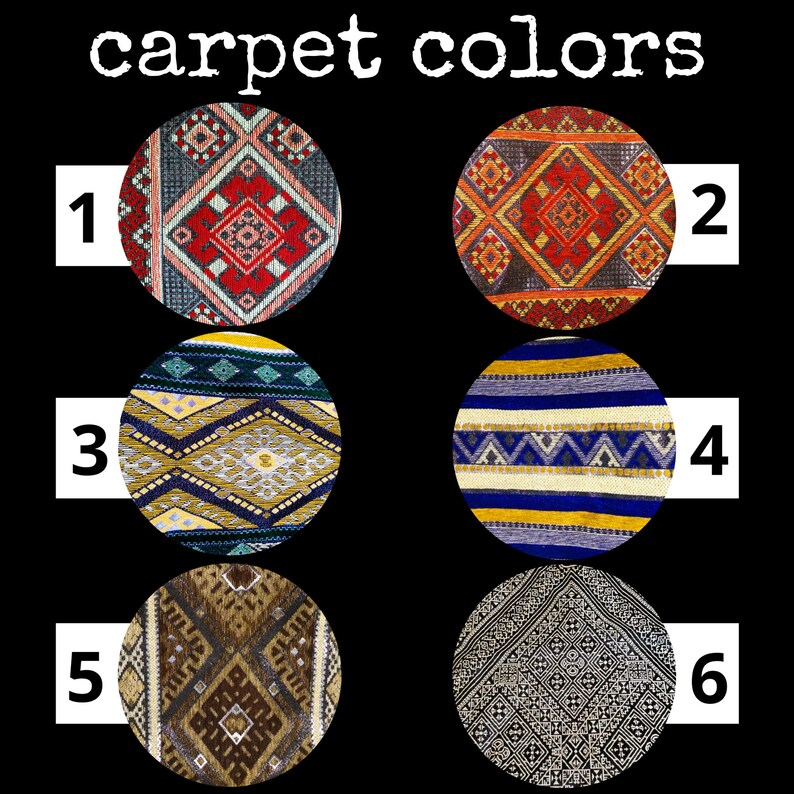 May include: Six different carpet samples with geometric patterns in various colors, including red, blue, yellow, and brown. The samples are numbered 1 through 6.