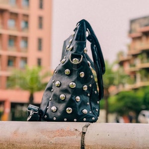 black silver studded bag, Studded leather handbag, luxurious tote bag, Polka dot Studded leather tote bag, polka dot leather shoulder bag. image 5