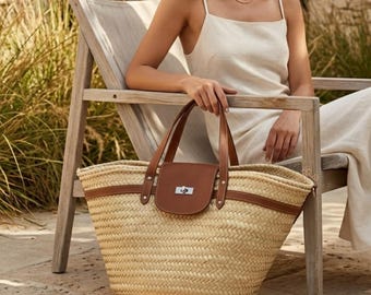 Straw Basket Bag with Leather Handles, Handmade French Market Basket, Large Woven Palm Tote, Moroccan Beach Bag, Boho Summer Tote Bag