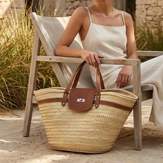 Straw Basket Bag with Leather Handles, Handmade French Market Basket, Large Woven Palm Tote, Moroccan Beach Bag, Boho Summer Tote Bag
