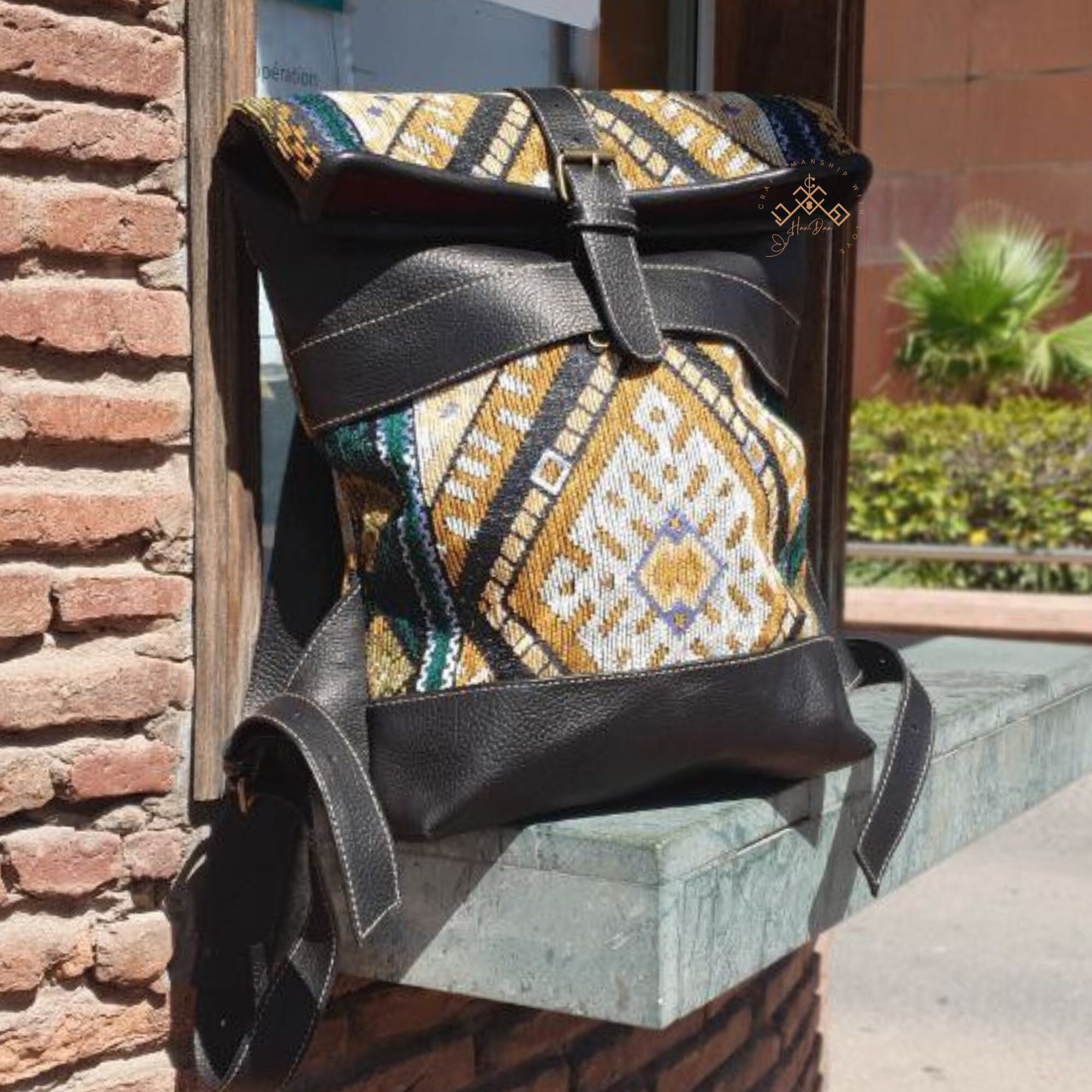 Handwoven Moroccan Kilim Carpet Large Backpack Leather Boho Hippie Western Moroccan Kilim Handcrafted Backpacks, Leather Backpack  main image 4
