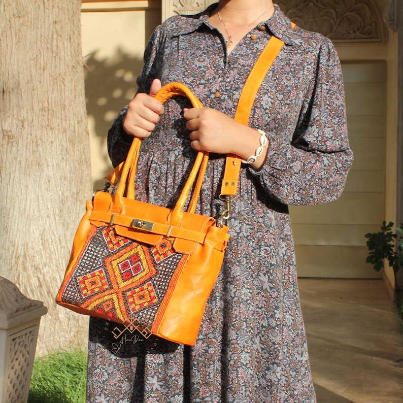 moroccan style havan kilim tote bag, women leather handbag, kilim tote handbag, kilim design red tote bag carpet shoulder bag Gift for Her image 1