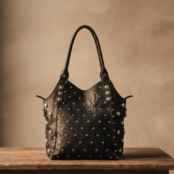 Personalized Black Shoulder Bag With Rivets, Studded Leather