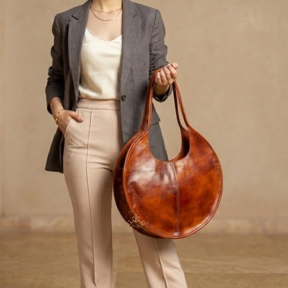 Personalized Soft Large Round Leather Shoulder Bag, Circle Handbag