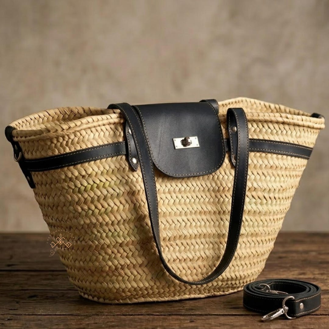 Straw Basket Bag With Leather Straps, French Market Basket, Handmade ...