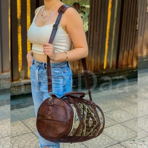 Cylindrical style kilim bag, Kilim Travel Bag, carpet Leather Travel Bag, tapestry weekend bag, Women's Overnight Bag, kilim travel handbag image 8