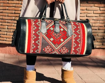 kilim travel bag for women, kilim weekender Leather bag, Carpet Leather Weekend Bag, briefcase kilim duffel bag, boho carpet rug duffel bags