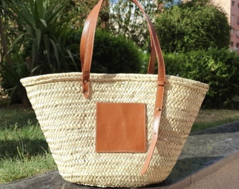 Handmade large French straw baskets with leather straps, straw basket bag with leather handles, woven palm leaves basket with black handle