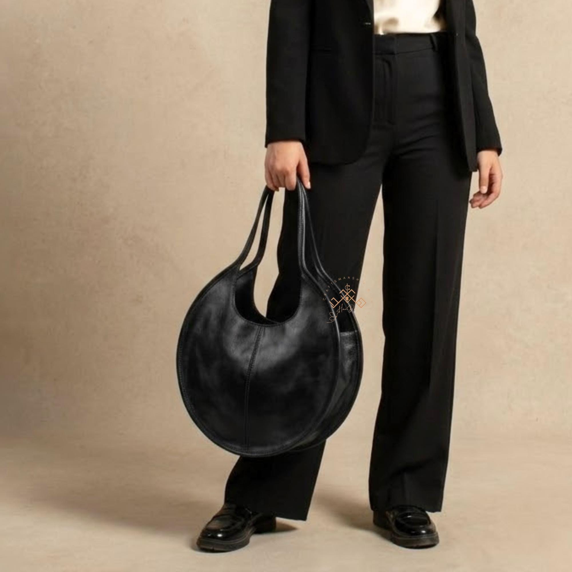 Personalized Soft Large Round Leather Shoulder Bag, Circle Handbag