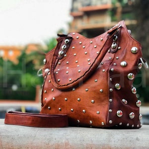 Shoulder Bag with Rivets, Studded leather handbag, luxurious tote bag, Polka dot Studded leather tote bag, polka dot leather shoulder bag. Brown