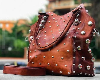 Shoulder Bag with Rivets, Studded leather handbag, luxurious tote bag, Polka dot Studded leather tote bag, polka dot leather shoulder bag.