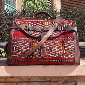 Large kilim travel bag, Moroccan Carpet Leather Weekend Bag, Vintage Carpet bag, briefcase kilim duffel bag, boho carpet bag, rug duffel bag Brown Darker