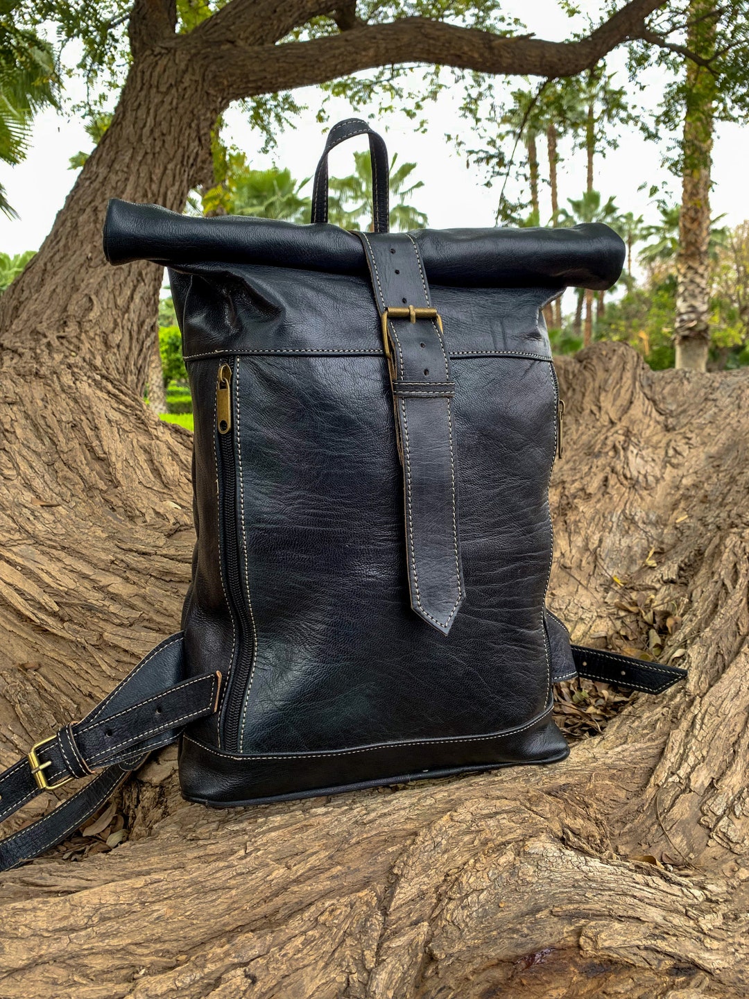 Personalized Roll Top Leather Backpack / Leather Hiking Backpack for