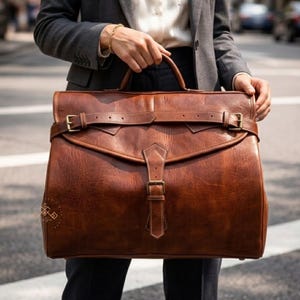 Könnte beinhalten: Eine braune Lederaktentasche mit einem oberen Griff und verstellbaren Riemen. Die Tasche hat eine rechteckige Form mit einem Klappenverschluss, der mit Schnallen gesichert ist. Das Leder hat ein reichhaltiges, strukturiertes Aussehen.
