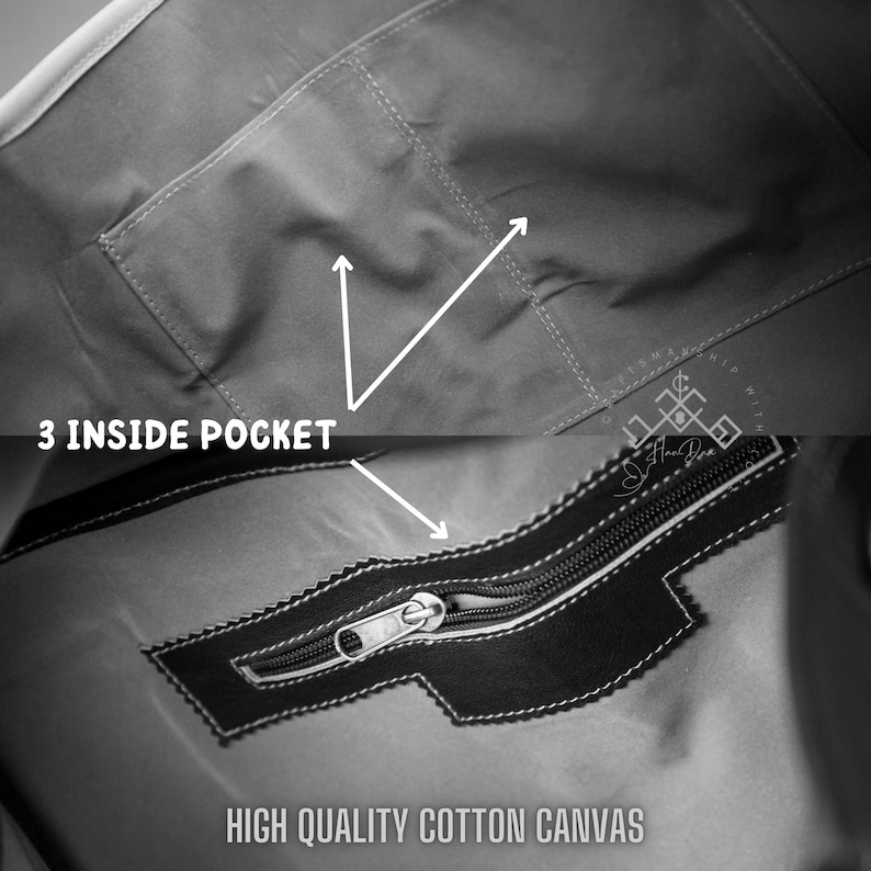 May include: The interior of a bag made of cotton canvas featuring three inside pockets. One pocket is an open slip style, and another is a zippered compartment with a black trim. The text 3 INSIDE POCKET and HIGH QUALITY COTTON CANVAS is visible.