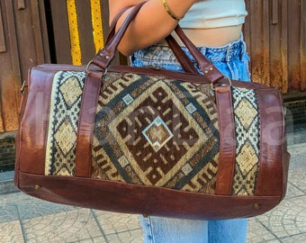 kilm Leather Travel Bag, Carpet Leather Duffel Bag, western duffel bag, tapestry weekend bag, Women's Overnight Bag, Kilim Travel Bag