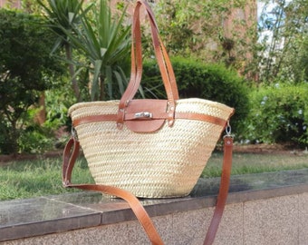 handmade large straw french baskets with leather straps, straw basket bag with leather handles, woven palm leaves basket with black handle