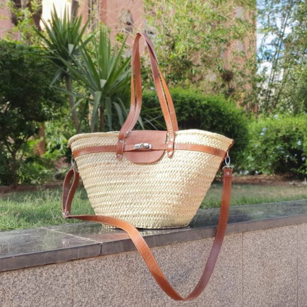 handmade large straw french baskets with leather straps, straw basket bag with leather handles, woven palm leaves basket with black handle