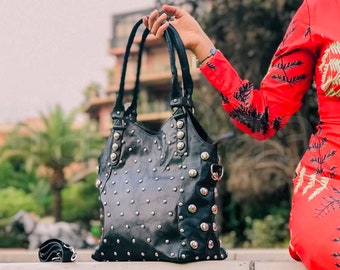 black silver studded bag, Studded leather handbag, luxurious tote bag, Polka dot Studded leather tote bag, polka dot leather shoulder bag.