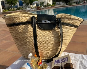 Large Straw Basket Bag with Leather Straps, French Market Basket, Handmade Moroccan Palm Tote, Beach Bag, Summer Raffia Tote, Gift for Her