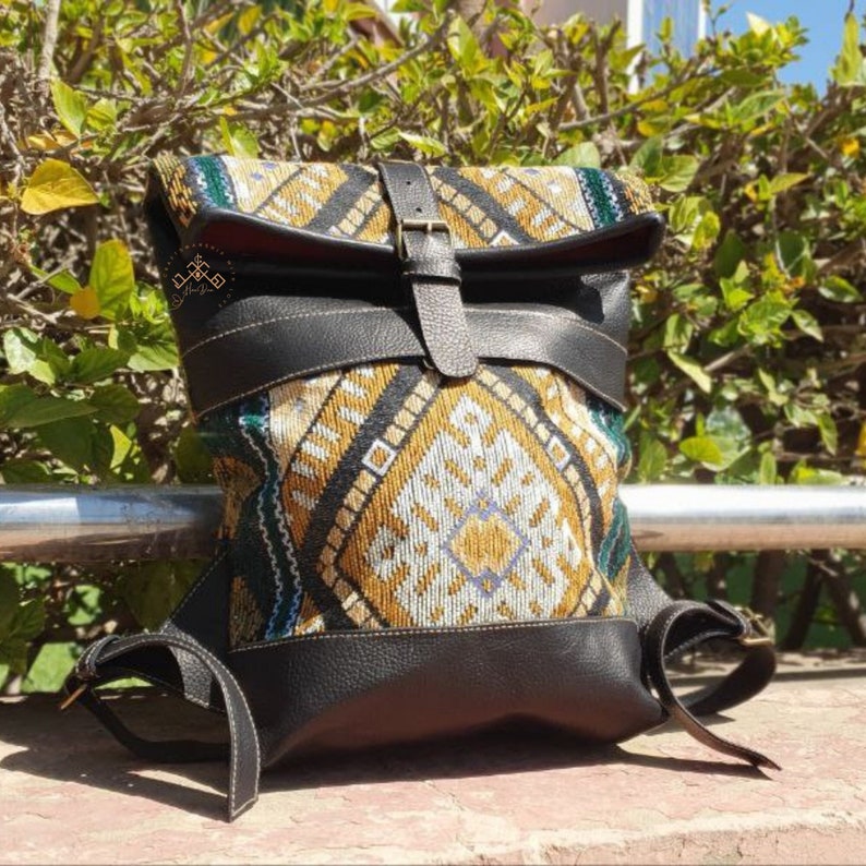 Moroccan Kilim Handcrafted backpacks, leather backpack, bohemian backpack, boho travel backpack, hippie backpacks, western backpack Black