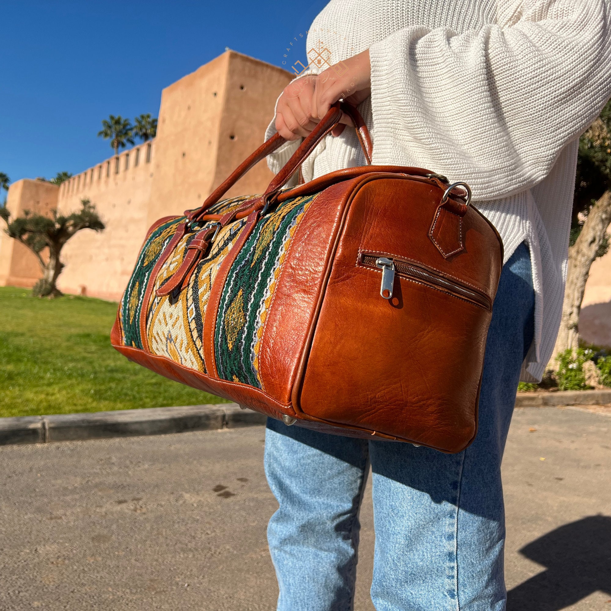 Moroccan Handcrafted Brown Leather Travel Bags With Green Carpet