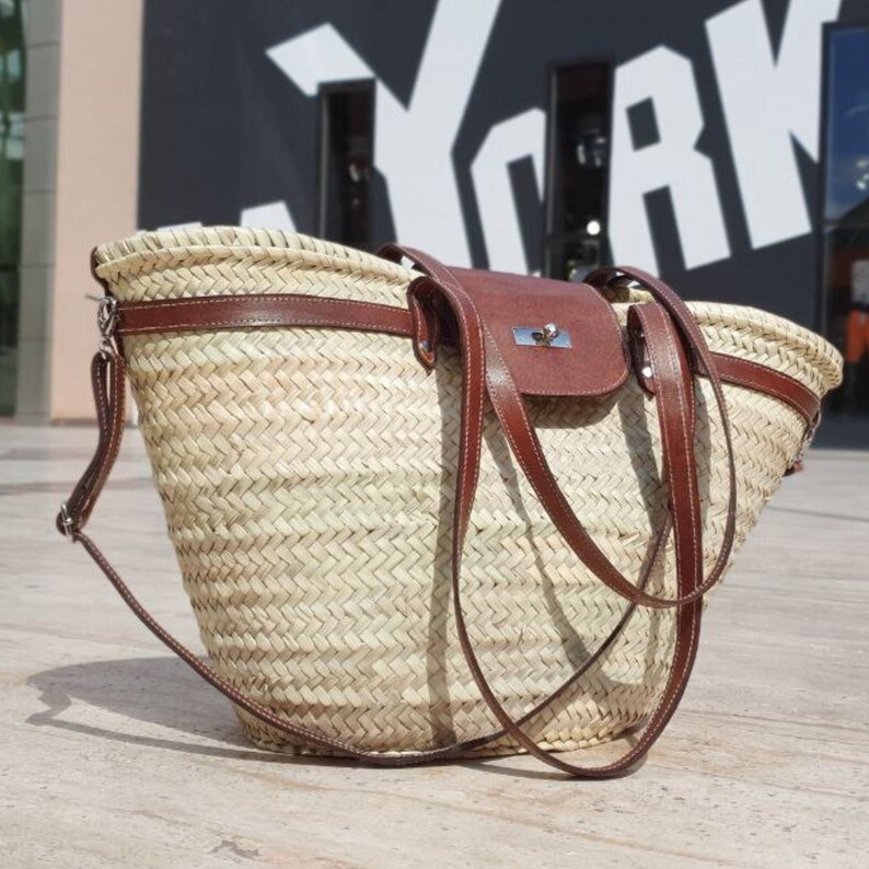 handmade large straw french baskets with leather straps, straw basket bag with leather handles, woven palm leaves basket with black handle image 7